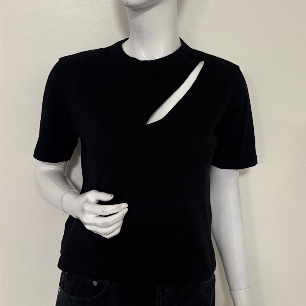 RtA Black Cotton Short Sleeve T-Shirt w Slash Cutout at the Chest Revolve FWRD